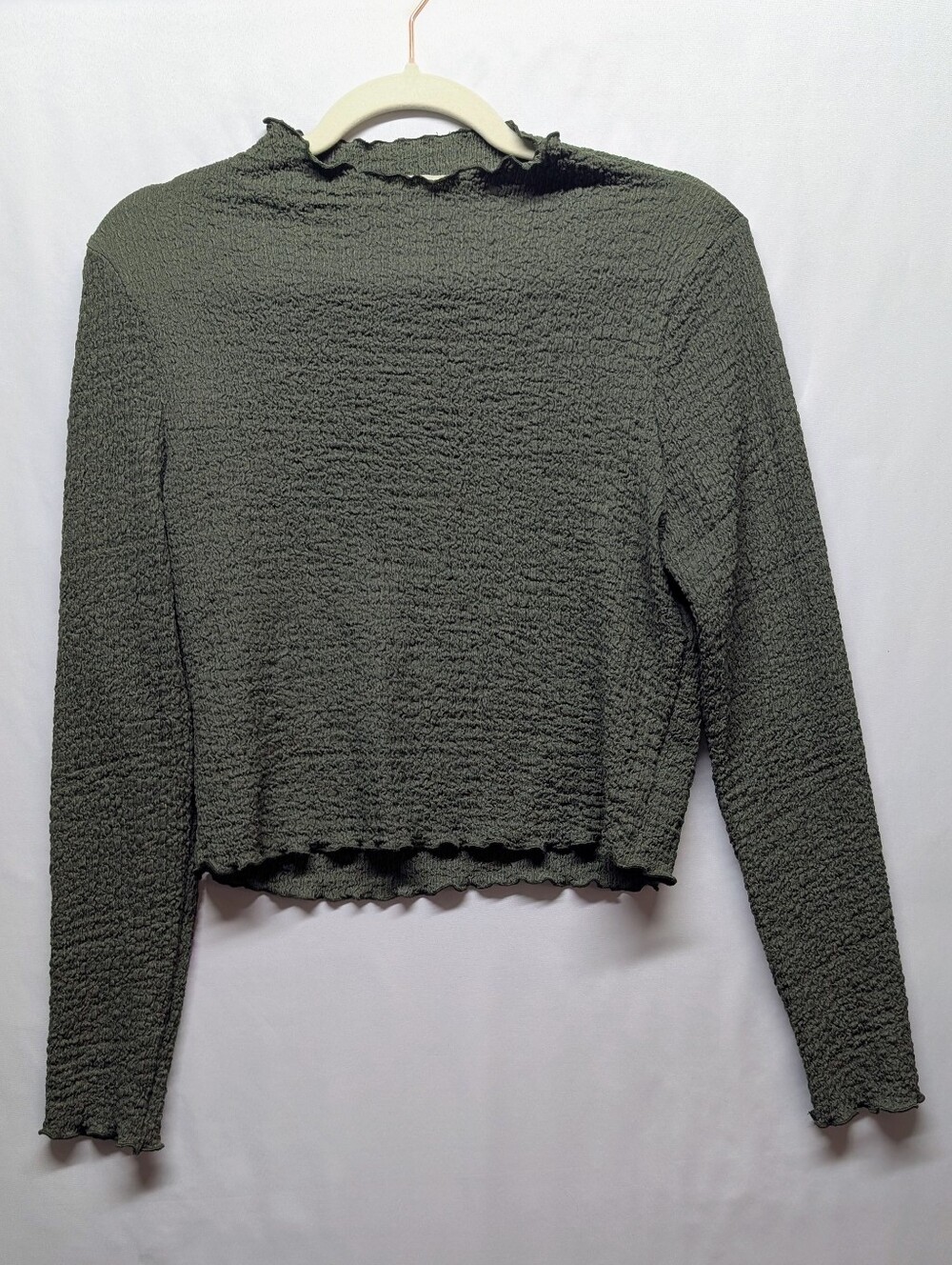 Womance Womens Olive Green Textured Long Sleeve Top